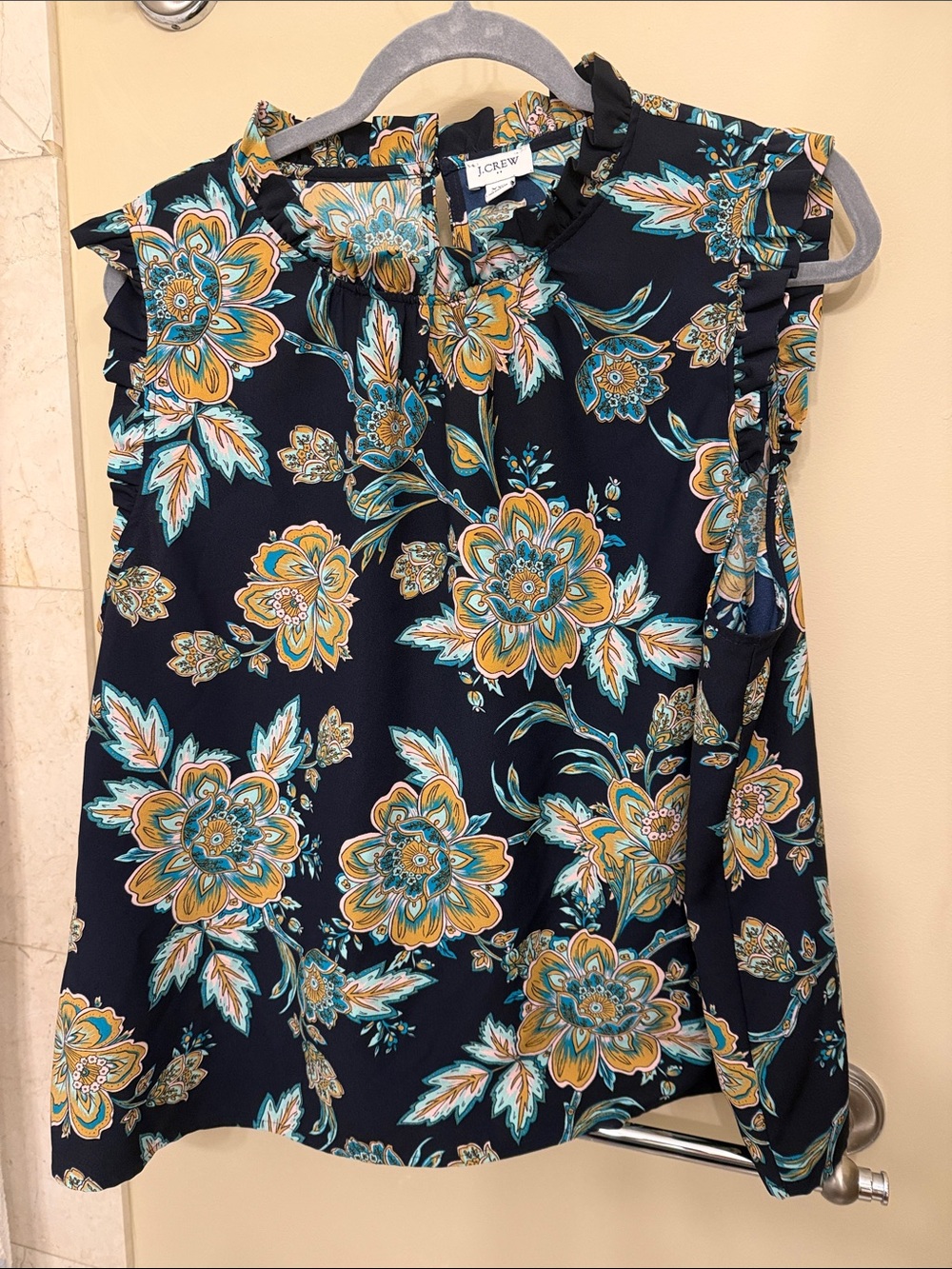 J. Crew Factory Navy Floral Ruffle-Trim Sleeveless Blouse